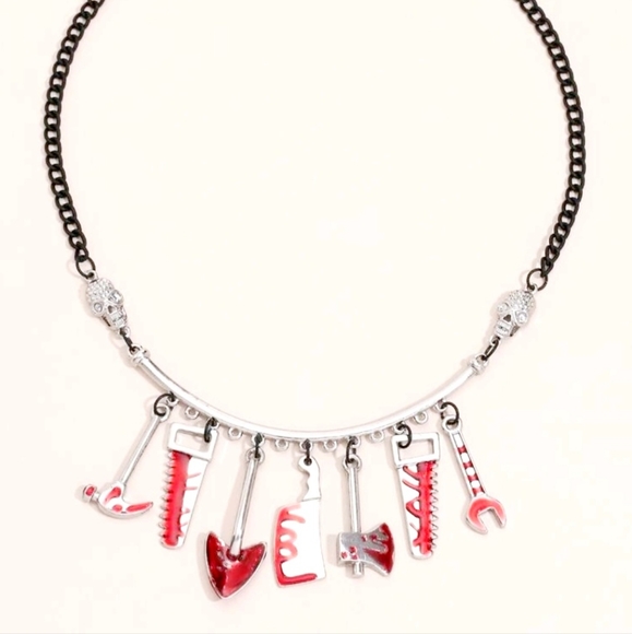 Skulls Red Stained Tools Charm Necklace Kawaii Creepy Cute Goth Serial NWT - Picture 5 of 6
